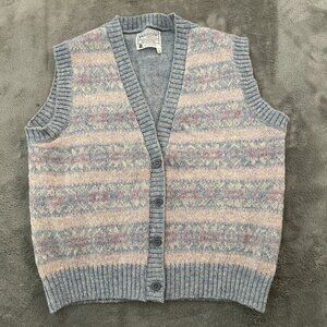 Vintage Pendleton Blue Pink 100% Virgin Wool Sweater Vest Cardigan Women's LARGE